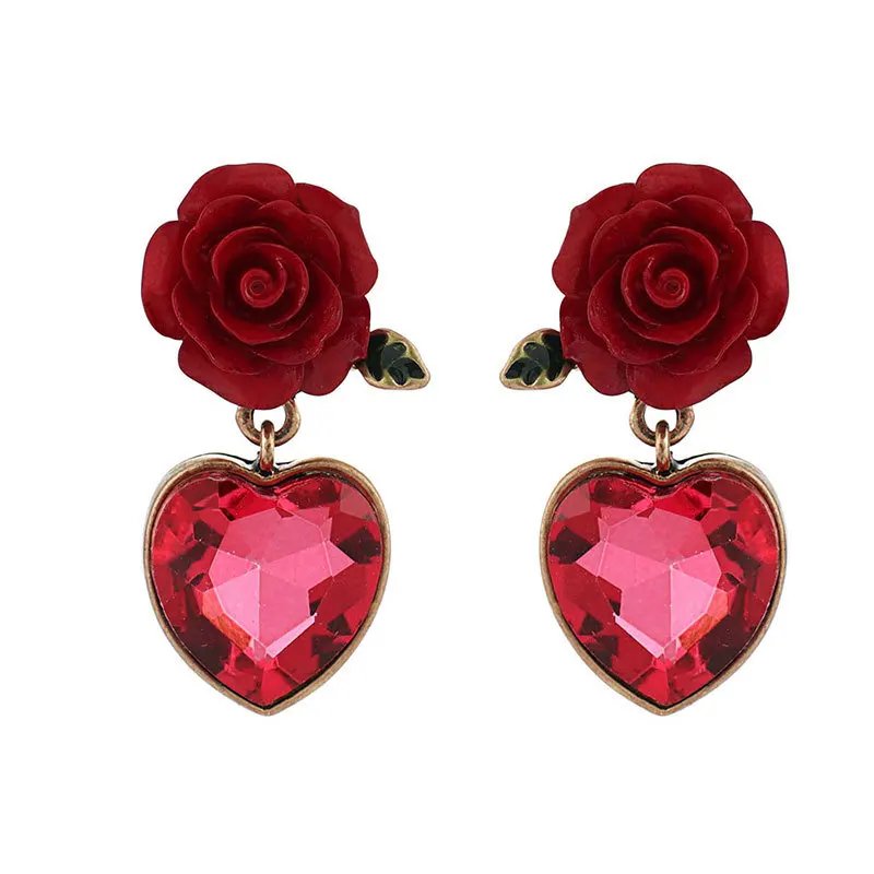 Женские Висячие серьги с розовым цветком и кристаллом в форме красного сердца