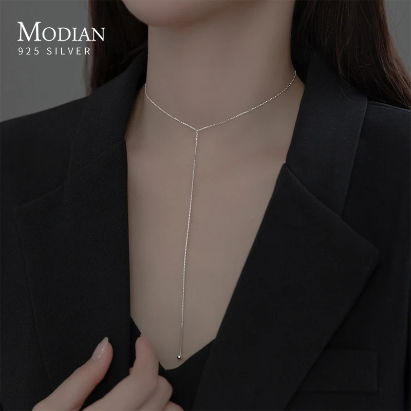 

MODIAN Minimalist Long Sweater Chain Necklace Real 925 Sterling Silver Trendy Simple Necklaces For Women Silver Fine Jewelry