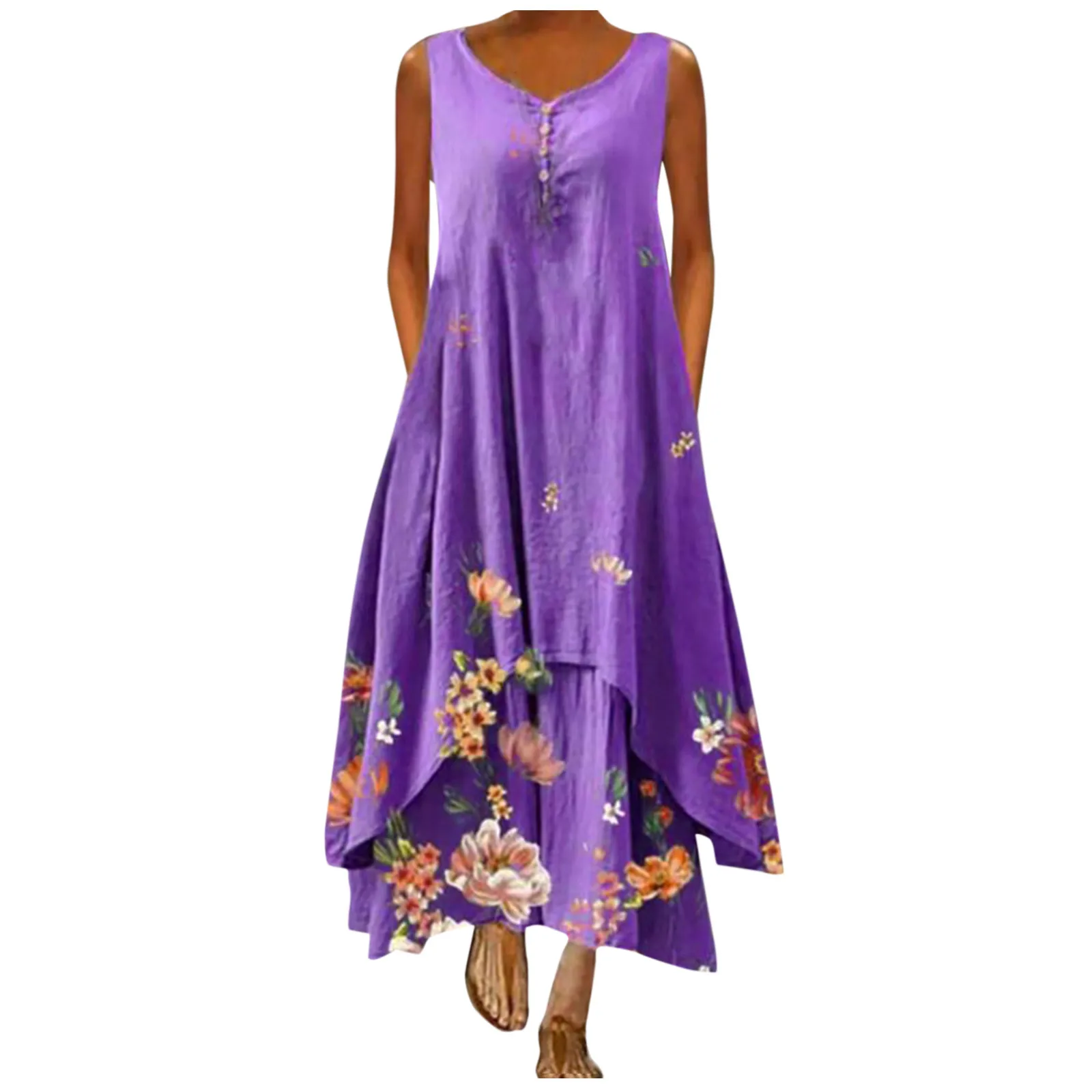 

40# Boho Plus Size Tank Dress Sleeveless O-neck Vintage Floral Print Maxi Dress Holiday Elegant Loose Robe Femme With Pocket