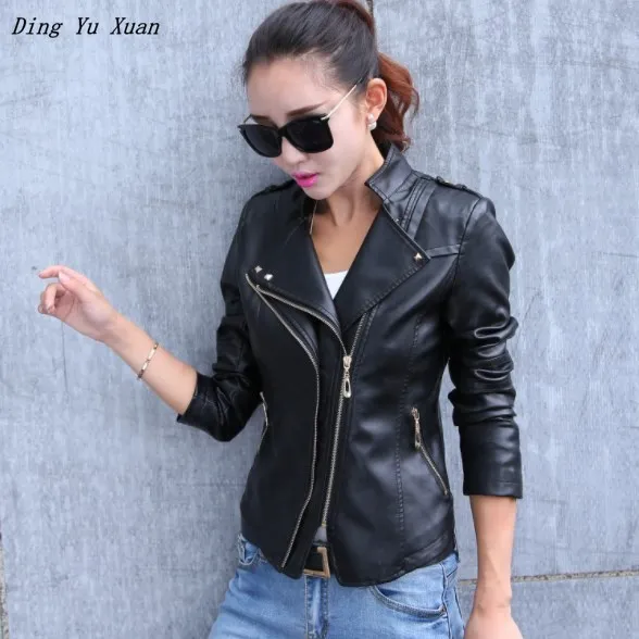 Ladies Faux Leather Motorcycle Biker Jackets Coats Spring Autumn Zipper Pockets Pu Leather Jacket Women Slim Fit Short Outerwear