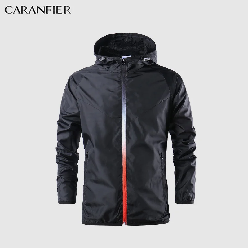 Черный CARANFIER новая весенне-летняя Мужская модная верхняя одежда ветровка мужские тонкие куртки с капюшоном повседневное спортивное пальто большие размеры - Цвет: Черный