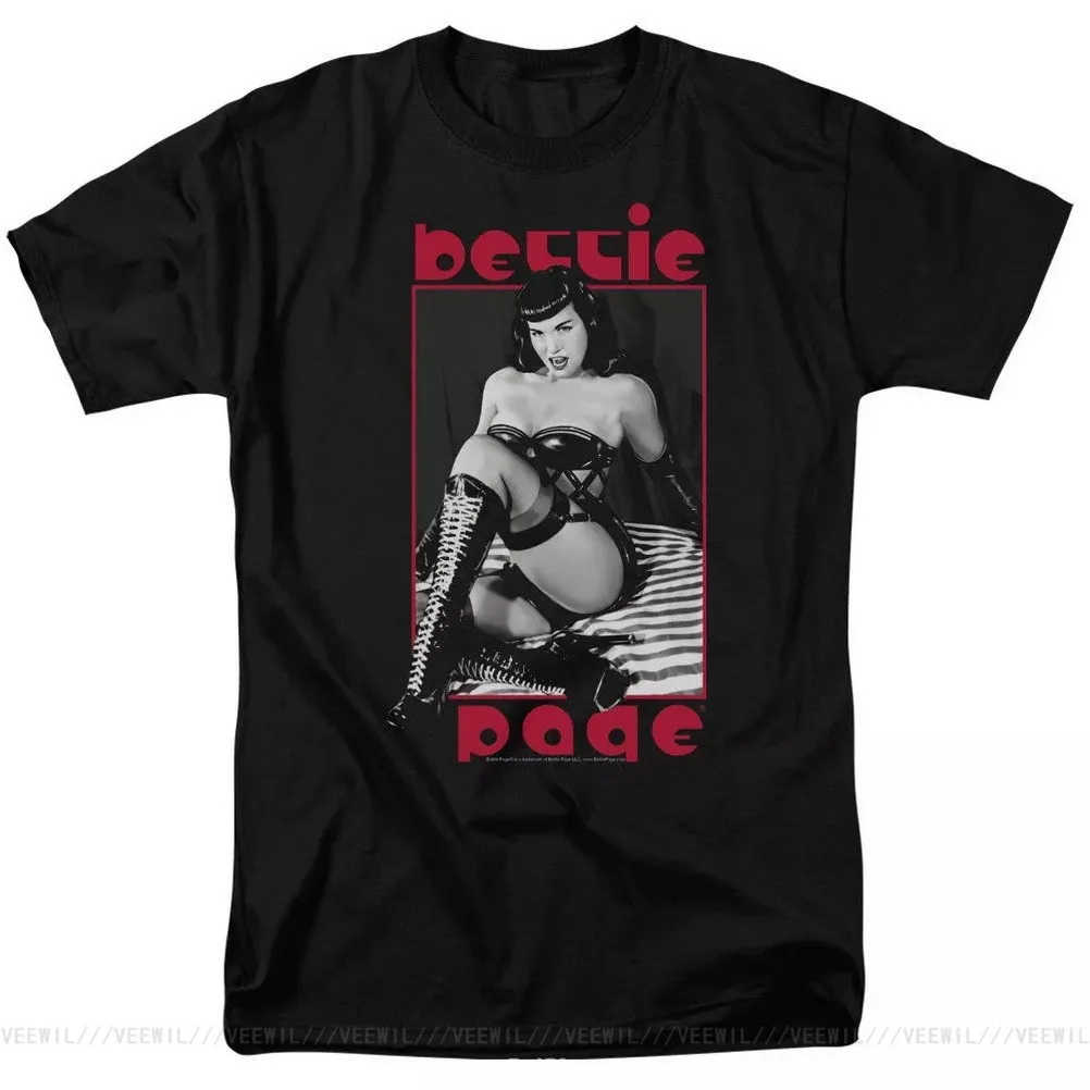 Bettie Page Pin Up Model Mistress In Leather On Zebra Sheets T-Shirt S-3XL Loose Plus Size Tee Shirt