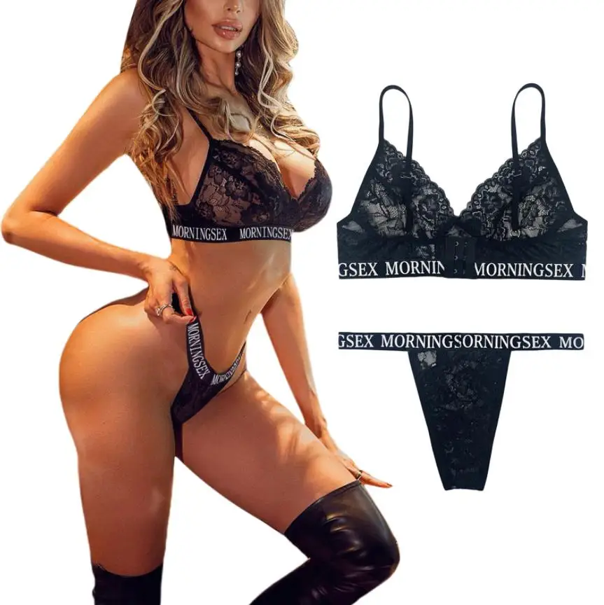 

Women Sexy Two-piece Lingerie Set Black Deep V-neck Underwear and Low Waist Panties S M L XL
