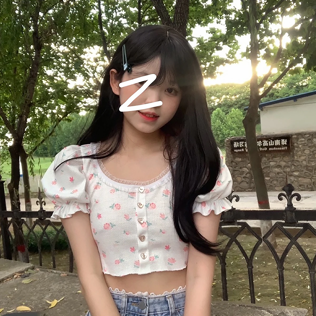 

Summer new high waist short section white floral short sleeve T-shirt women