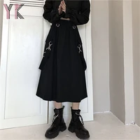 elastic high waist chain pocket cargo strap midi skirts dark academia black gothic harajuku long skirts vintage women punk saia