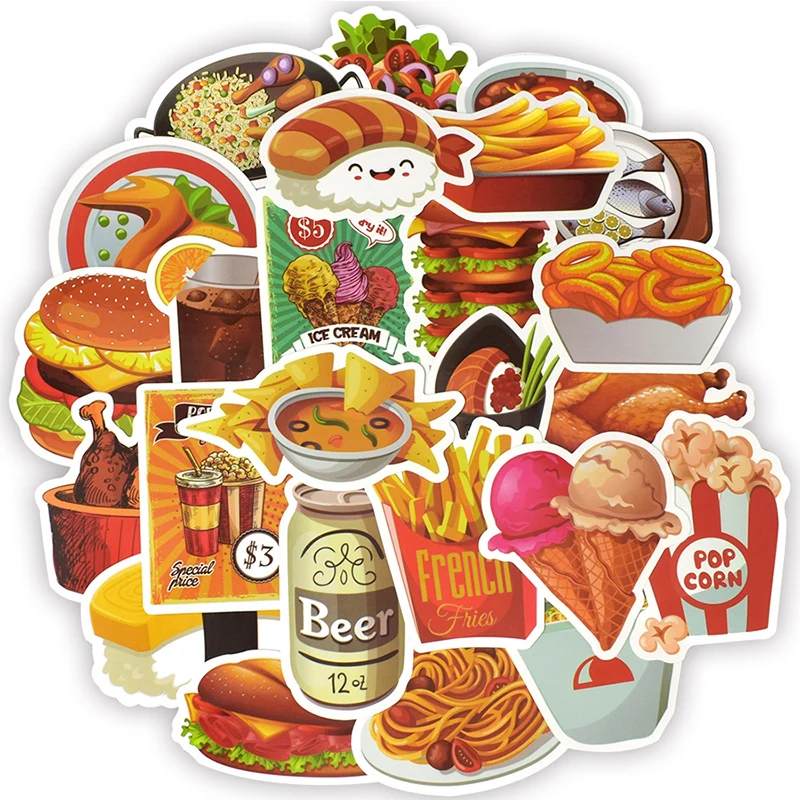 

50PCS Fast Food Stickers for Wall DIY Kitchen Refrigerator Oven Hamburger Fries Pizza Wall Sticker Water Bottle Lunch Box Decals