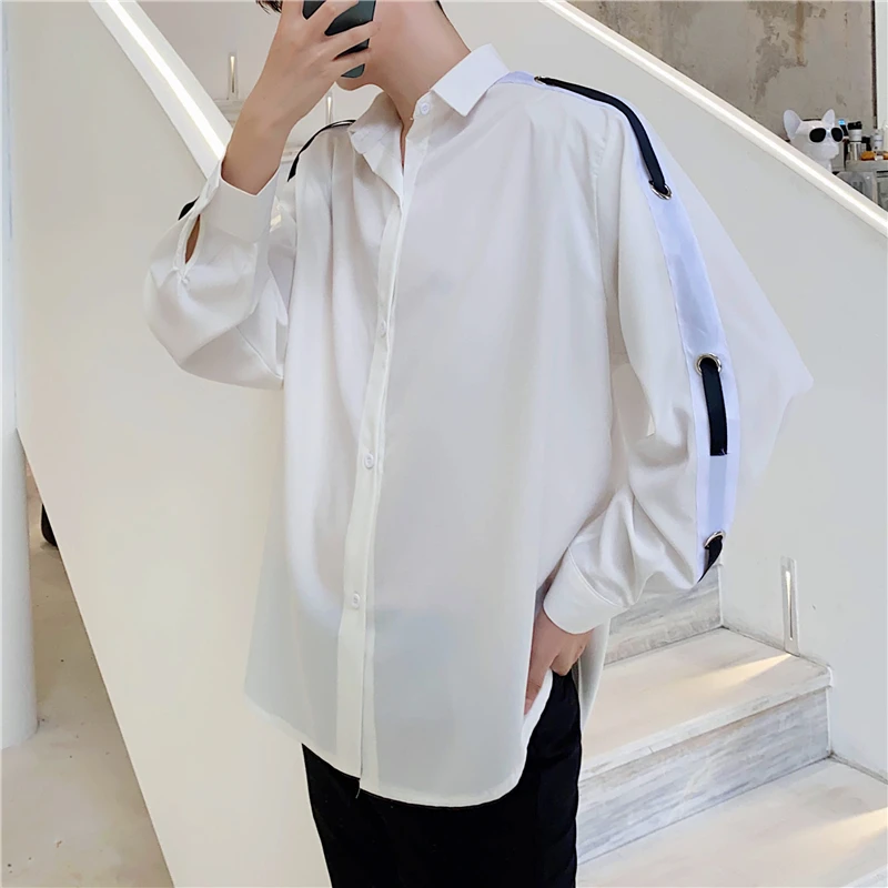 

New trend personality design long-sleeved shirt men's Korean casual fashion pure color wild thin square collar white shirt 2021