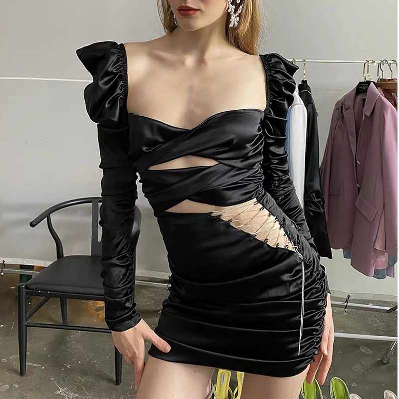 Women Club Party Dress Bodycon Lace Up Hollow Out Sexy Mini Ruched Dress