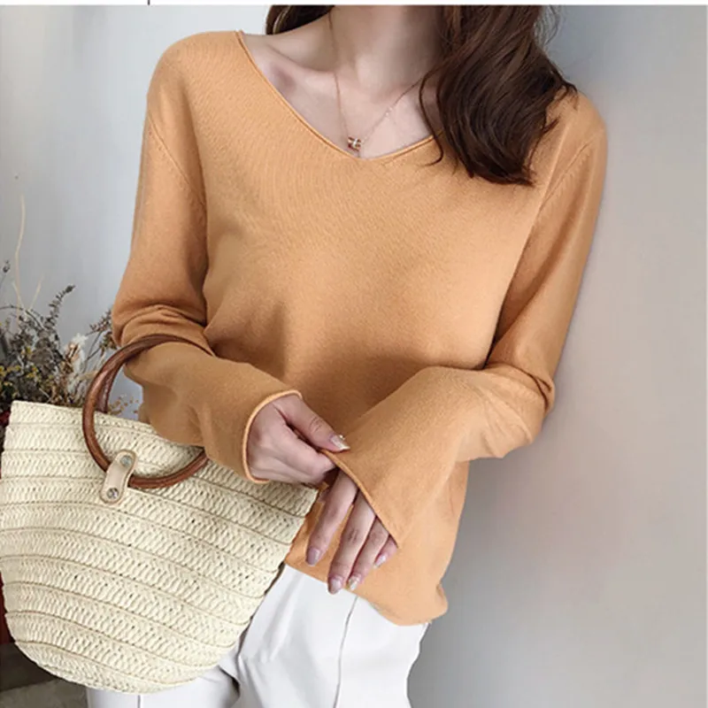 

2020 autumn winter Sweater Knitted Pullover women v-neck oversize sweater female loose long sleeve sweater top Jumper 0075