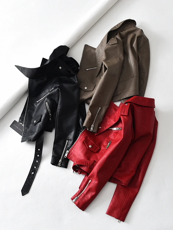 Женская модная красная черная мотоциклетная куртка из искусственной кожи