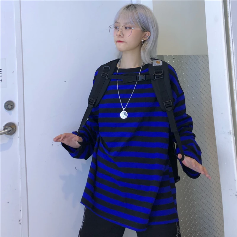 Lychee Harajuku цветная женская футболка с длинным рукавом и круглым вырезом Женская футболка синие и черные осенние женские футболки в полоску