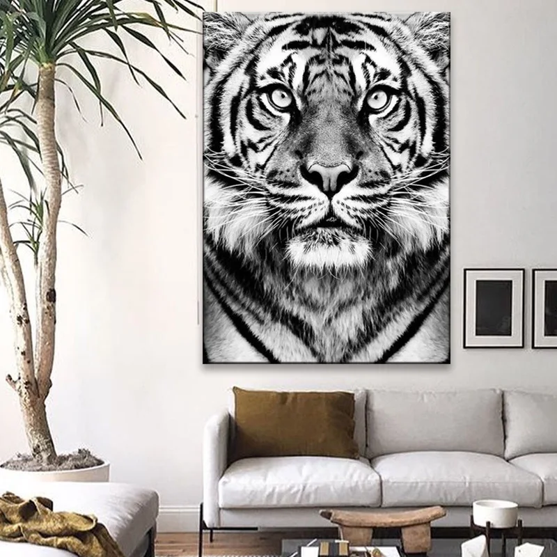 Настенная Картина на холсте Черный Белый Тигр фото скандинавские плакаты и
