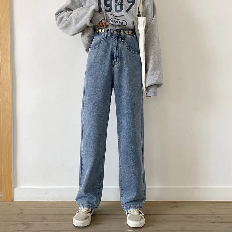 

Women's Spring Autumn Style Wide Leg Pants Women's Jeans Button Loose Solid Color High Waist Casual Pants KK0289