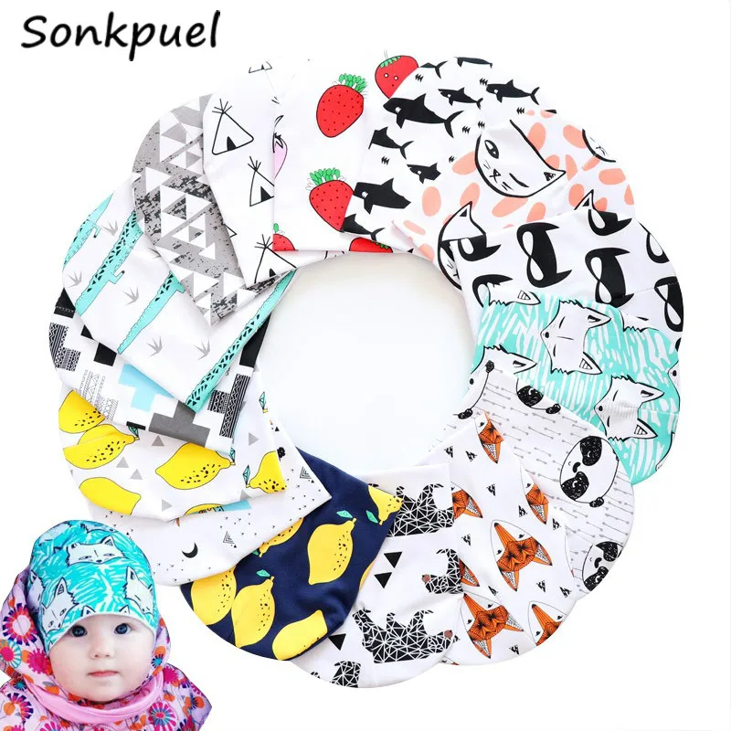 Детская хлопковая шапка с мультяшным принтом для новорожденных на осень и зиму