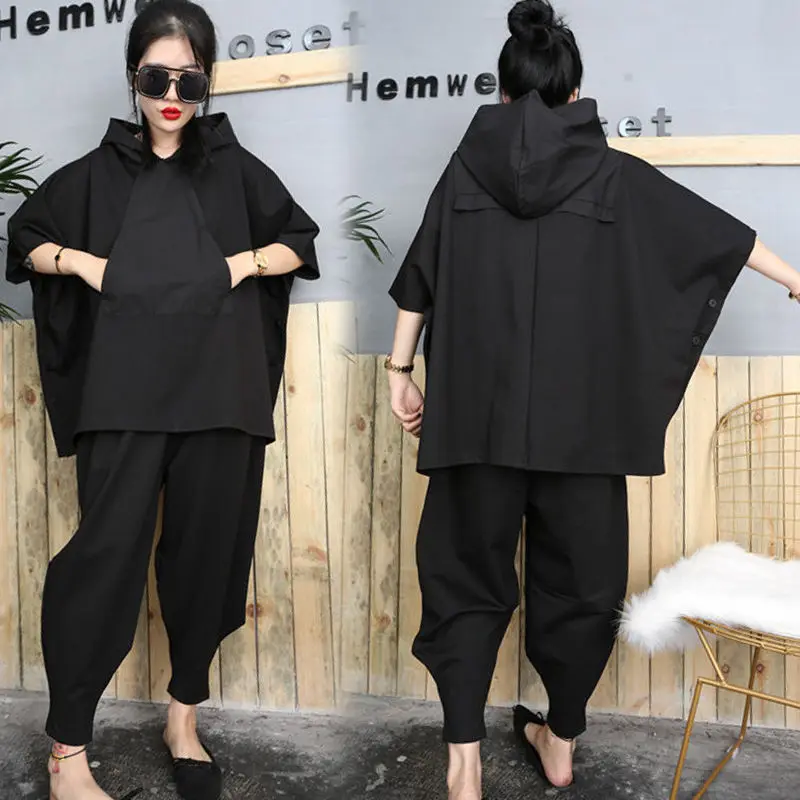 LZMONE Fashion Suit Women's Spring And Summer New Korean Bat Sleeve Hooded Sportswear + Harlem Pants Two Piece Suit For Women