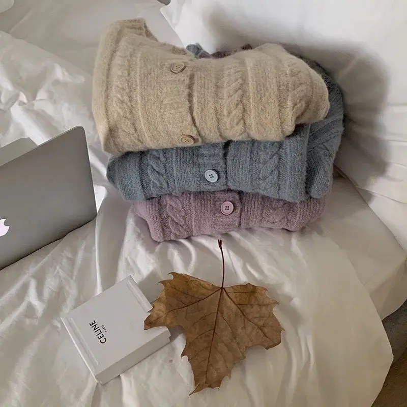 

2021 Korean New Solid Stripe Ribbed Cardigan Women Youth Fashion Thickened Loose Coat Sweater Autumn And Winter Vintage Cardigan