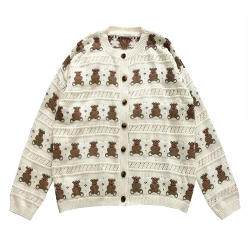 

Женский короткий тонкий свитер JCHB, вязаный кардиган с круглым вырезом и пуговицами, верхняя одежда с рисунком в горошек и бежевого медведя, ...