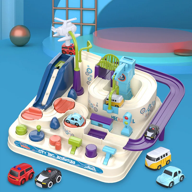 

New 4 Cars Rail Car Train Track Toys For Kids Montessori Boys Girls Xmas Gifts Racing Cars Mechanical Adventure Brain Table Game