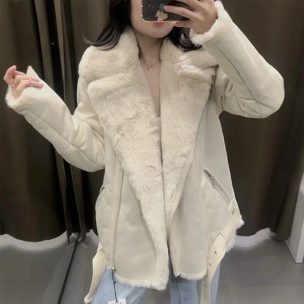 

Women's Winter Streetwear Fur Faux Leather Jacket 2021 Casual Fashion Thick Warm Coat Female Zipper Up Sashes Jackets Coats 034