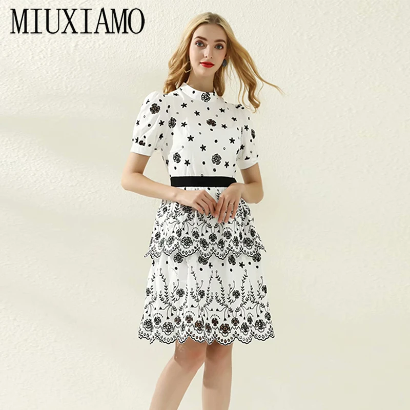

MIUXIMAO High Quality 2020 Summer Dress Party Casual Beach Vintage Elegant Fashion Flower Embroidery Cake Dress Women Vestidos