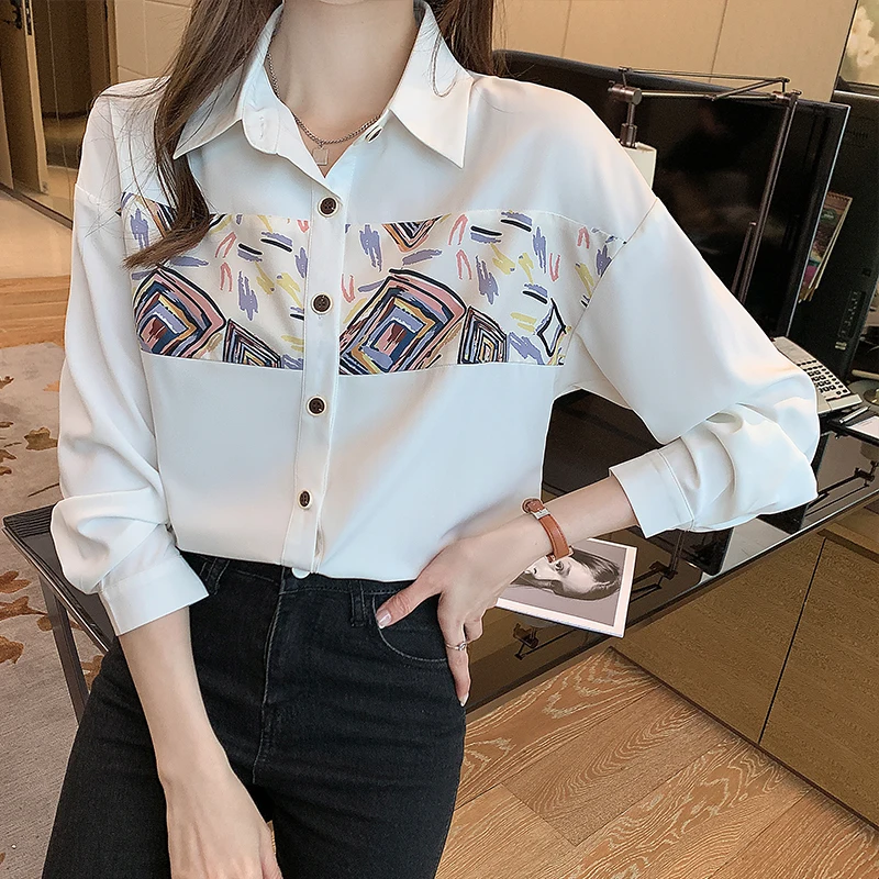 Women OL Chiffon Shirts Blouses White Print Blouse Tops Turn-down Collar Long Sleeve Chic Office Wear Woman Blusa Spring 2021