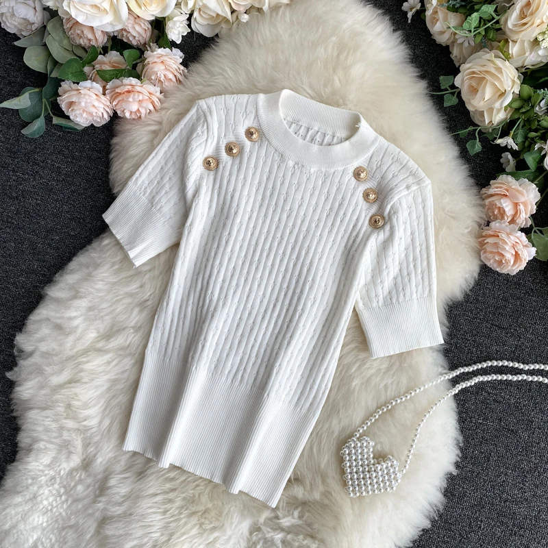 

Short Sleeve O-neck High Quality Sweater Shirts With Decorated Buttons Girls Stretchy Crop Tops Sweaters Pullovers For Women