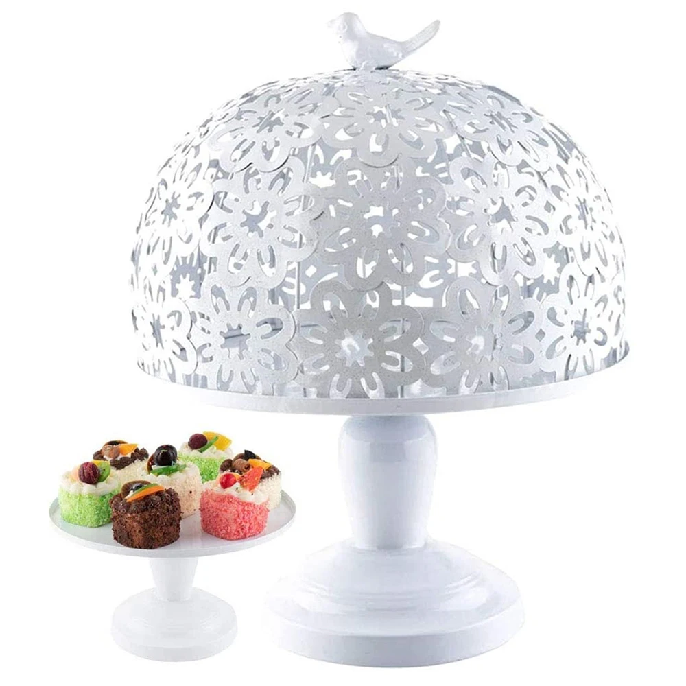 

Wedding Cake Stand Round Cupcake Stands White Metal Dessert Display with Flowers Hollow Out and Beautiful Bird HandleDome Cover