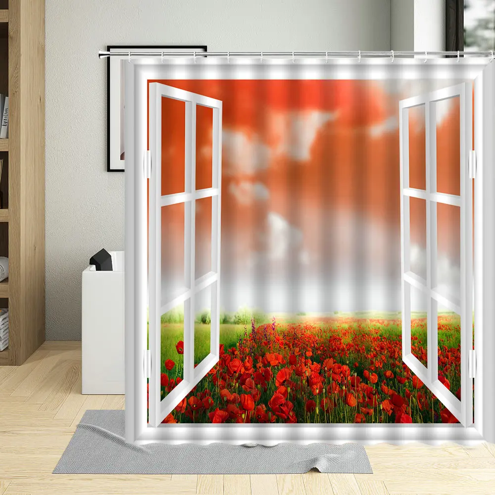 

Flower Window View Scenery Shower Curtain Tulip Lavender Idyllic Forest Landscape Bathroom Home With Hook Washable Waterproof
