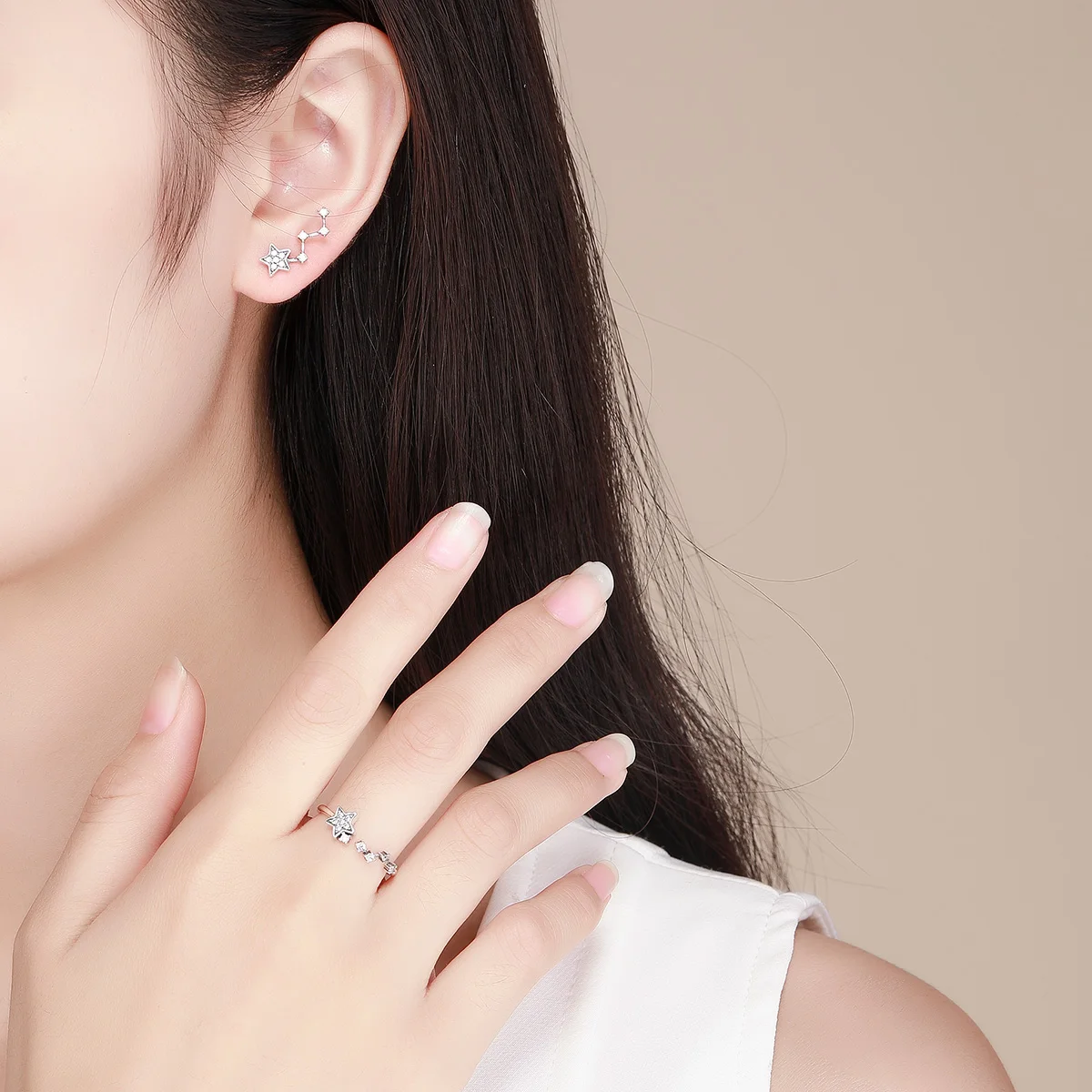 

YAONUAN 2021 Trendy Fine Jewelry S925 Sterling Silver Female Ring Earrings Set Sparkling Stars Original Design Accessories Gift