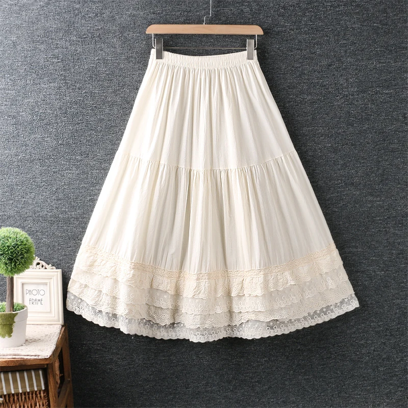 

Summer New Women's Cotton and Linen Art Small Fresh Elastic Waist Embroidery Lace Stitching Solid Color Skirt