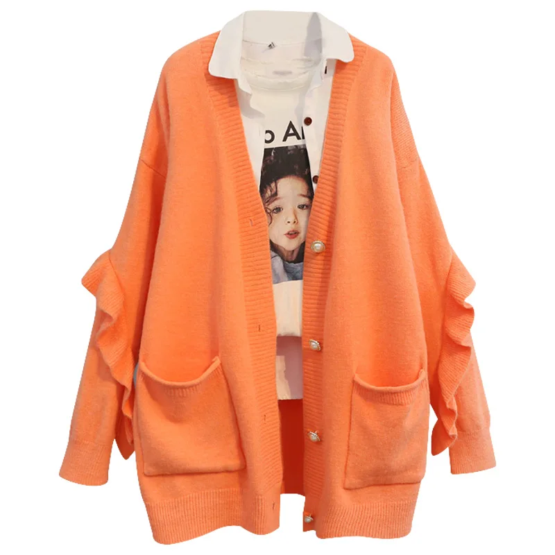 

Ruffles Solid Knitted Women Sweater and Cardigan Loose Pocket Thicken Warm Lady Elegant Outwear Coat Tops
