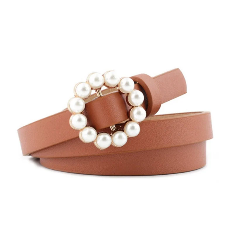 

2020 Women Belt Faux Leather Strap Female Metal Pearl Buckle Casual Wild Sweet Long Round Decoration Apparel Accessories 2020