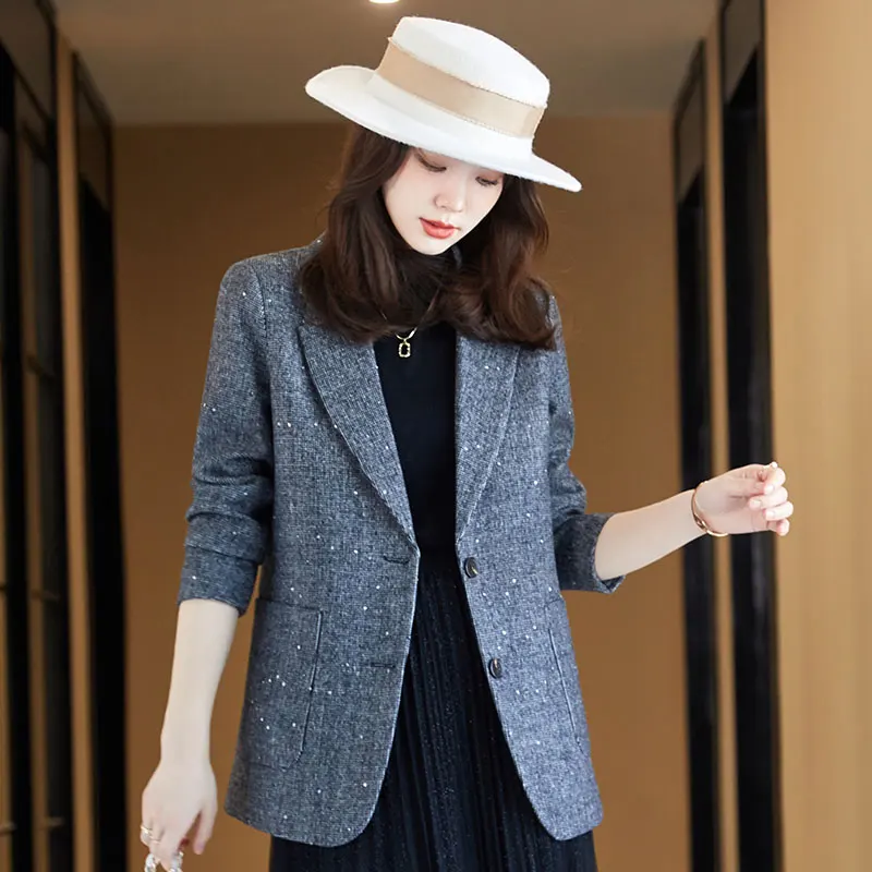 Boliyae Autumn and Winte New Women's Wool Coat Fashion Blends Blazer Sequins Long Sleeve Overcoat Female Slim Jacket Chic Tops | Женская