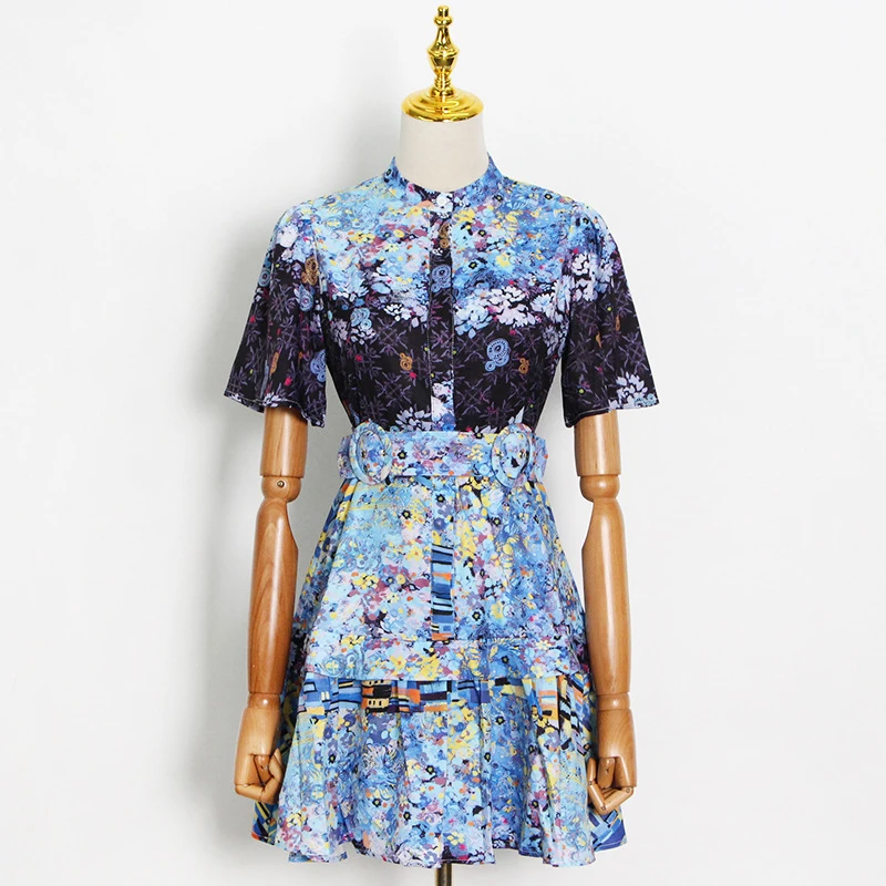 

HIGH STREET 2021 Designer Summer Fashion Women's stand collar Short Sleeve Button Sashes vintage Print A-LINE Dress