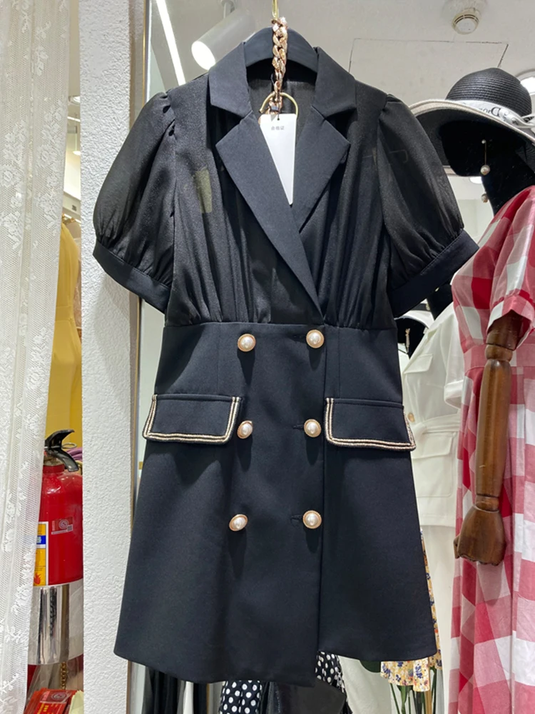 

Free shipping suit collar contrast color double-breasted fake two-piece suit A word dress ladies summer new fashion personality