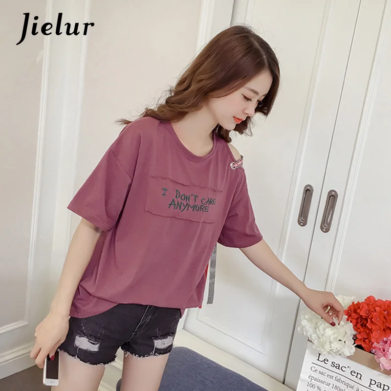 Jielur корейский шнуровка лук без рукавов Цветочные Футболки женские вышитые буквы