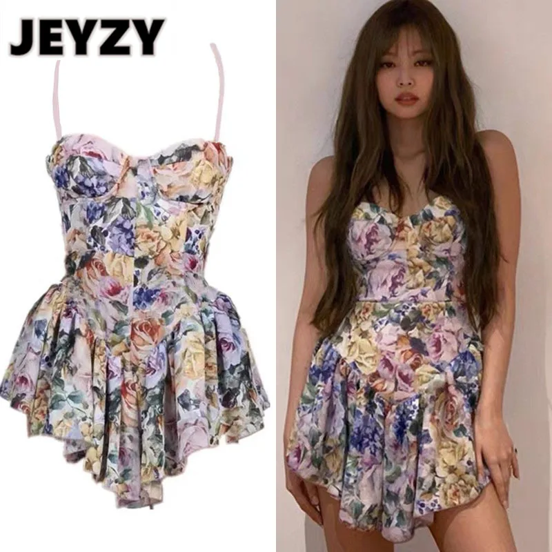 

Jeyzy Jennie Kim celebrity style vintage printed camisole mini dress sexy women night casual beach dresses party pleated chic