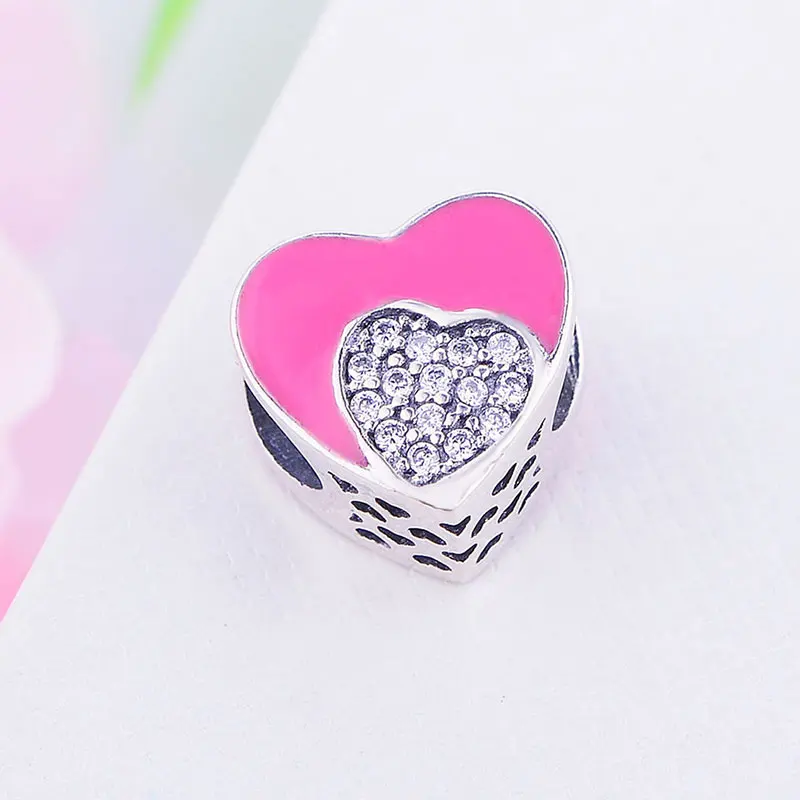 Настоящее серебро 925 пробы розовое эмалированное сердце циркон хрустальный
