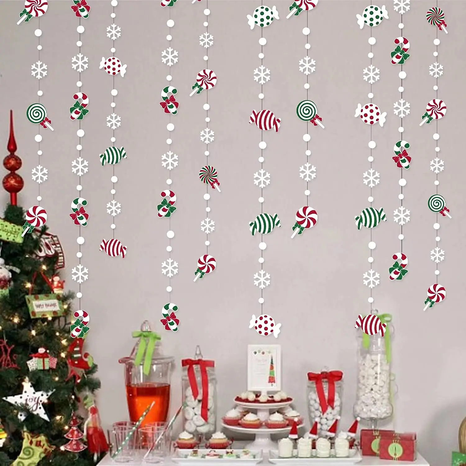 

Red Green GlitterSweet Candy Cane Lollipop White Snowflake Dot Garland Christmas Candyland Decorations For home Hanging Streamer