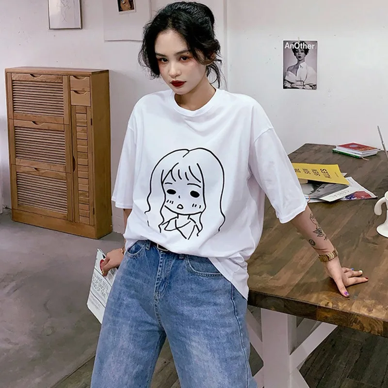 

2020 Korean Fashion Couple T Shirt Simple Character Printed Half-sleeved T-shirt Women Student O Neck Casual Loose Tshirt Clothe