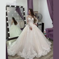elegant ball gown wedding dresses 2021 long sleeves scoop neck lace appliques wedding gowns lace up bridal dress robe de mariee