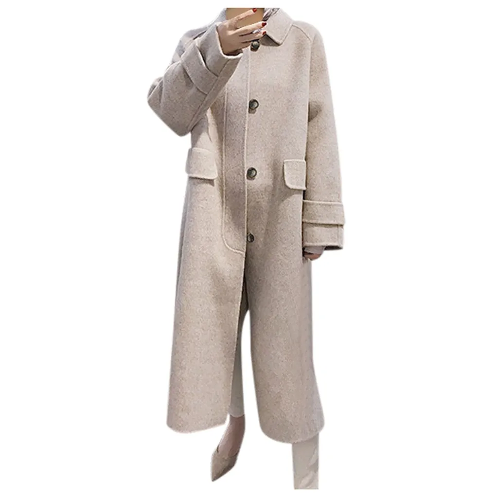 Women Work Solid Vintage Winter Office Long Sleeve Button Woolen Jacket Coat