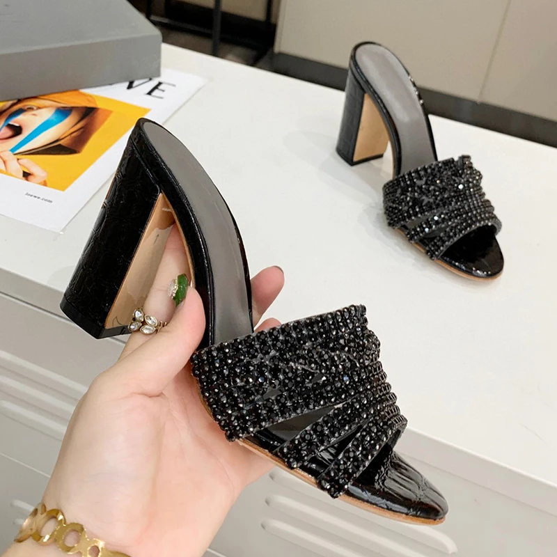 Женские мюли 2020 стразы туфли с открытым носком и кристаллами со стразами каблук 10