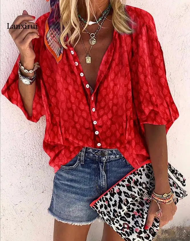 

Women's shirt v-neck print large size casual shirt fashion long-sleeved blouse shirt