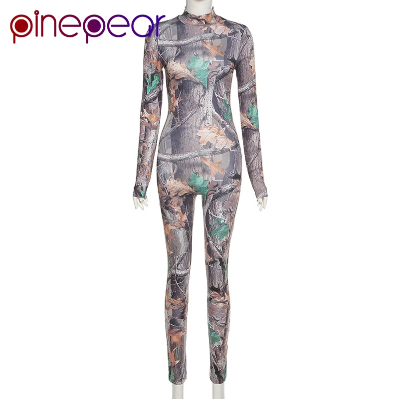 PinePear Colorful Tree Maple Leaf Print Full Sleeve Fall Jumpsuits Jogging Suits for Women Skinny Elastic Sport Workout Overalls | Спорт и