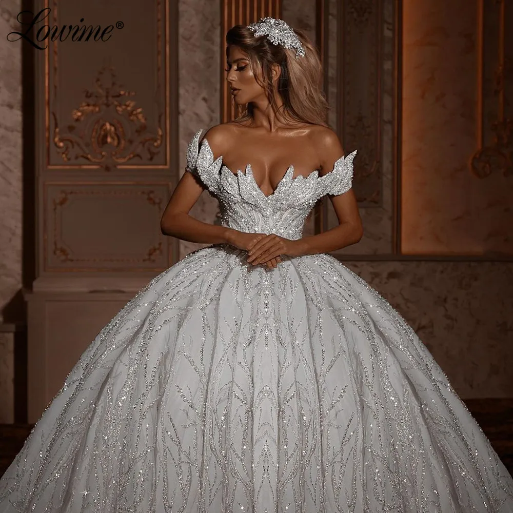 

2021 Sparkly Sequins Luxury Middle East Wedding Dresses Vestido De Novia With Long Train Dubai Moroccan Saudi Arabia Bridal Gown