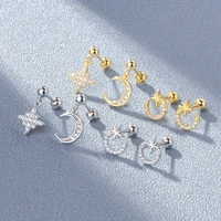 fashion 925 sterling silver zircon moon and star hoop earrings screw back for women gold silver color earring jewelry gift