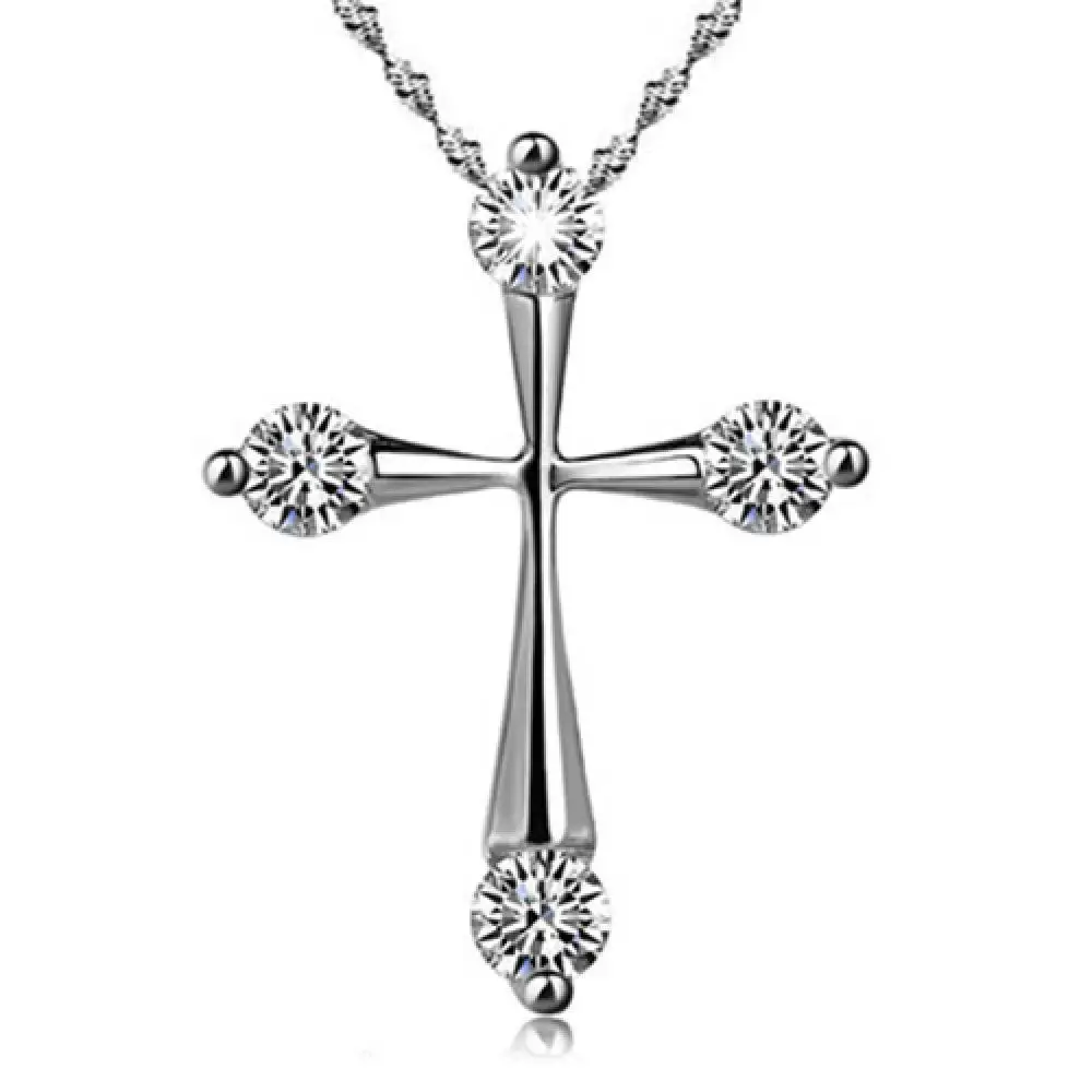 

70% Hot Sell Women Fashion Silver Plated Cross Shiny CZ Pendant Necklace Wedding Jewelry Gift