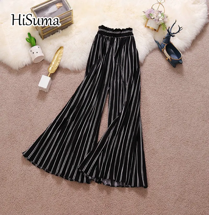 

Женские шифоновые брюки в полоску, повседневные плиссированные брюки с высокой талией, широкие, лето 2021