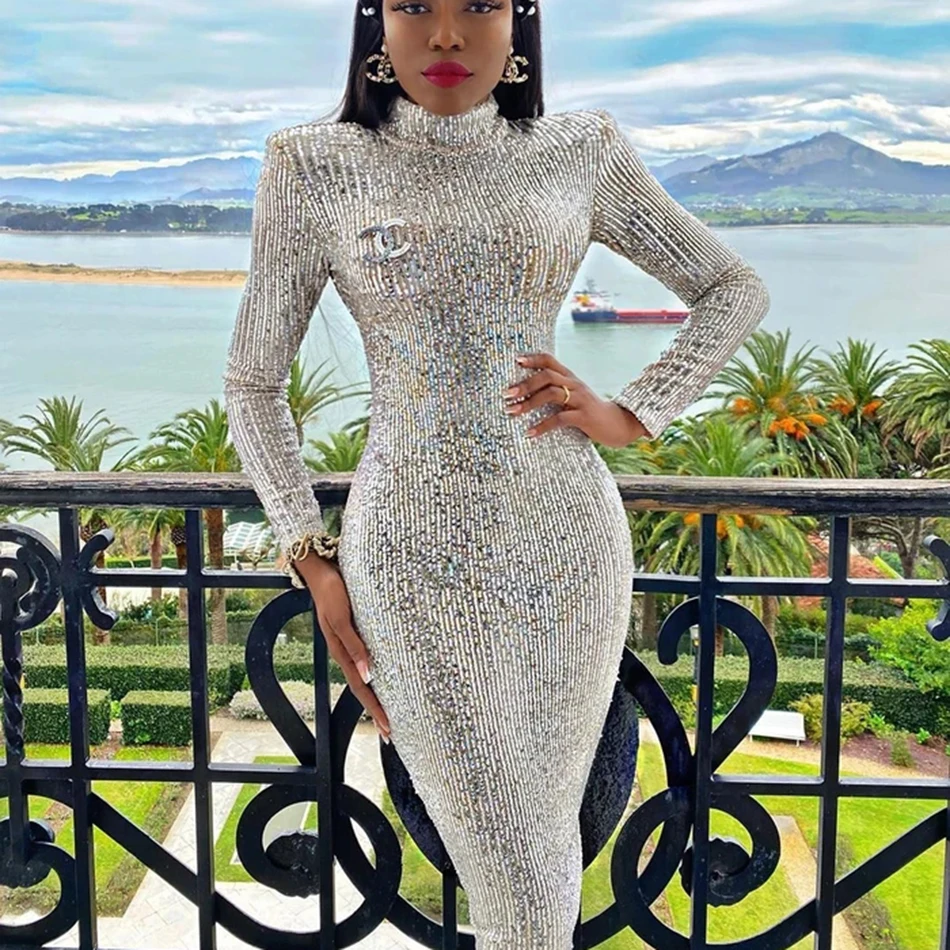 

2020 Spring Women's New Dress Sexy Sequined Turtleneck Long Sleeve Midi Runway Club Party Tight Dress Vestidos
